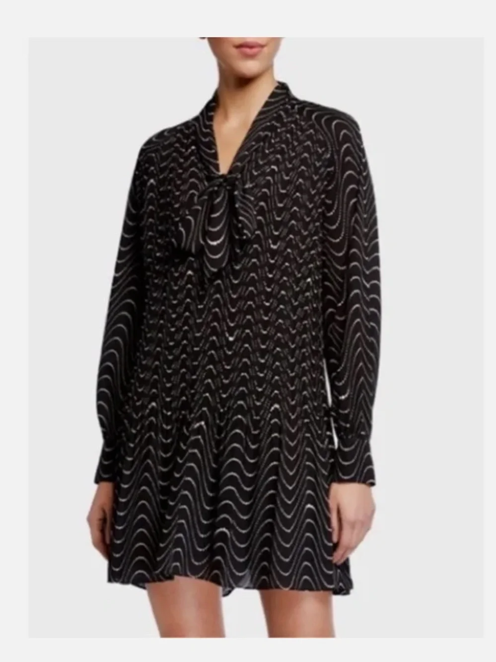 KATE SPADE Black Wavy Dot Pleated Chiffon Necktie long sleeve  lined dress NWT